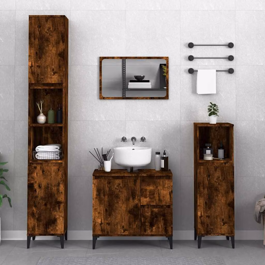Armadietto da bagno moderno vidaXL in legno Rovere Fumo con ante a battente e ripiani interni, L/P/H: 30 x 30 x 190 cm