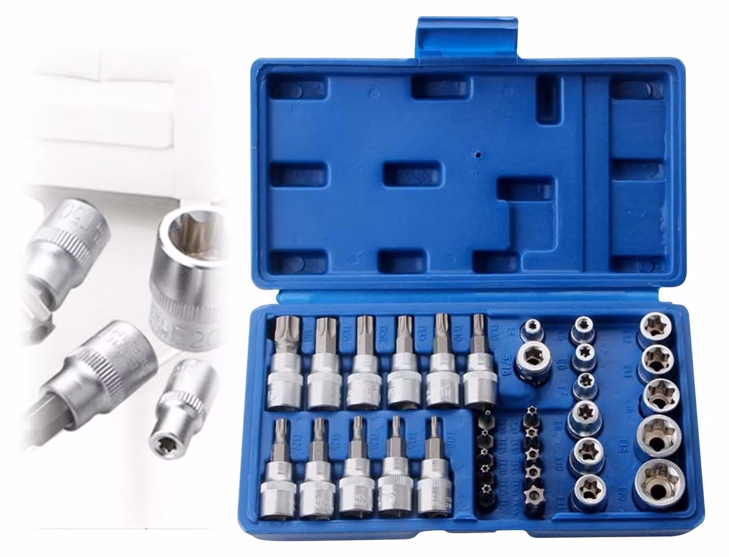 Set di chiavi a bussola Torx in cromo-vanadio: set di 34 pezzi, chiavi a bussola Torx con esagono interno ed esterno, chiavi a bussola per officine auto, automobili e industria (21,5 x 14 x 4,5 cm)