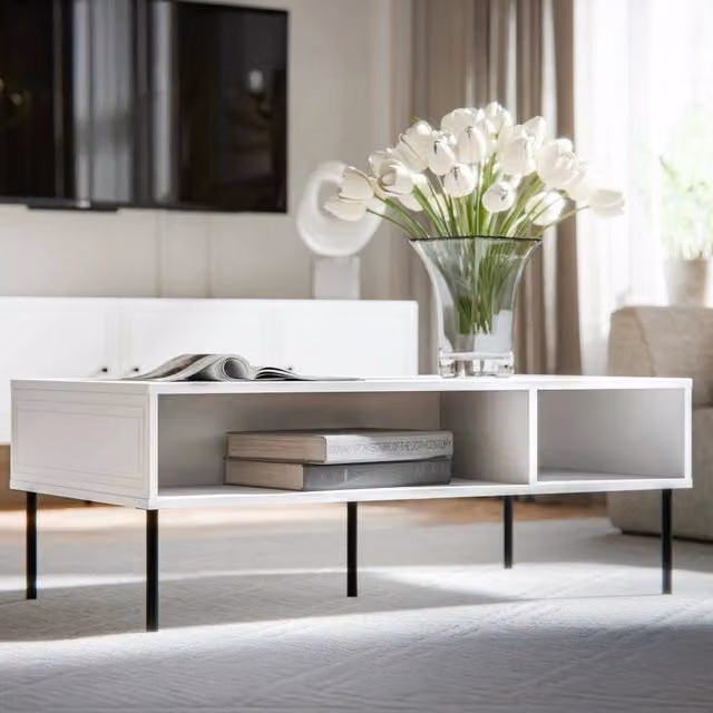 Tavolino da salotto DMORA moderno con due vani contenitore, Bianco, L 110 cm x P 60 cm x H 40 cm