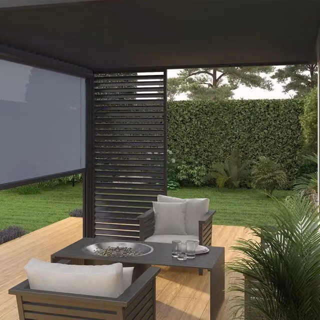 Pergola bioclimatica addossata Ombréa VS colore antracite con tenda coordinata L: 4 m, P: 3 m, H: 2,57 m – 1
