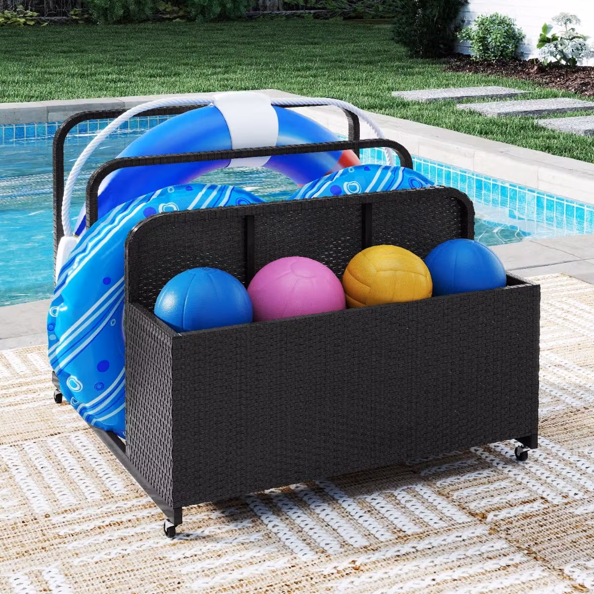 Organizer esterno Costway in rattan e PE con ruote per cuscini e accessori da piscina, Nero