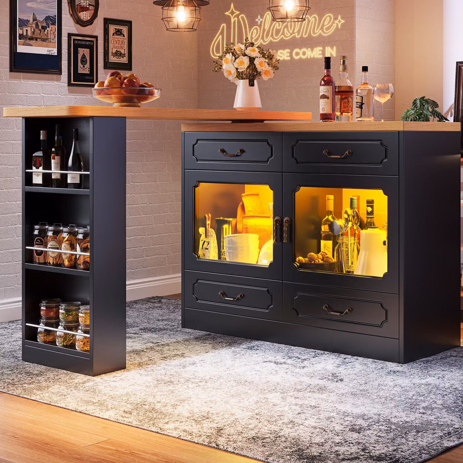 Tavolo da bar STILVORA con funzione girevole a 360°, mobile buffet ad isola allungabile con illuminazione a LED, mobile da cucina con ripiani aperti, nero