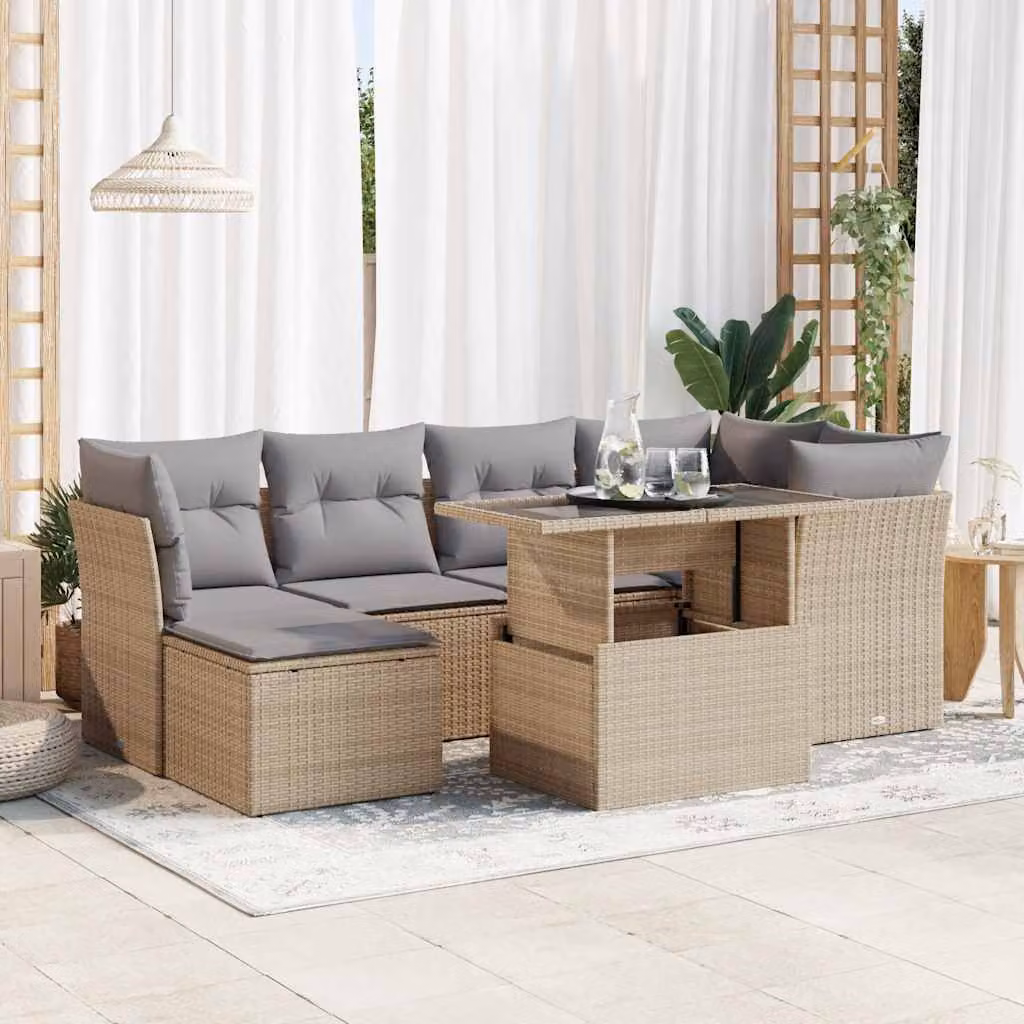 Set Divani da Giardino vidaXL 7 pz in Polyrattan Beige con Cuscini e Tavolino da Esterno