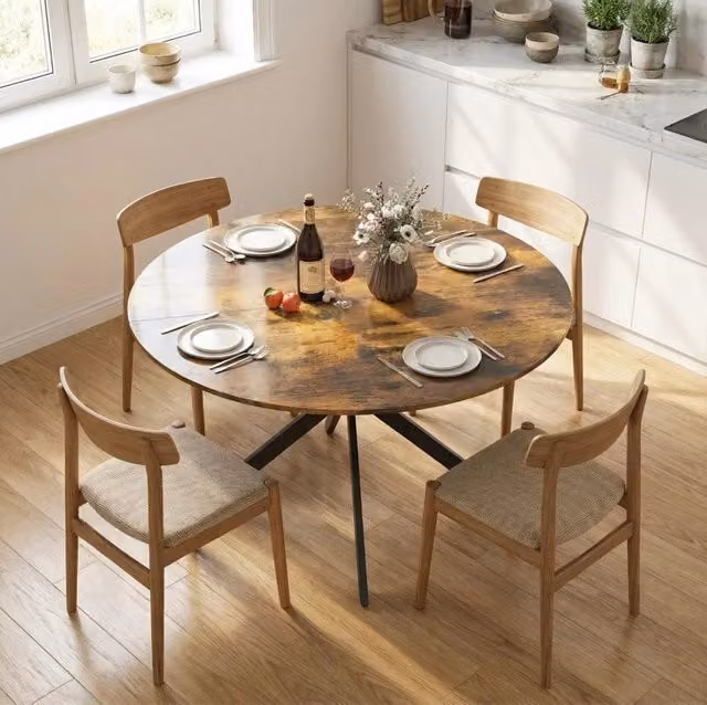 Tavolo da pranzo rotondo in stile industriale con gambe in acciaio, diametro 120 cm, colore marrone rustico