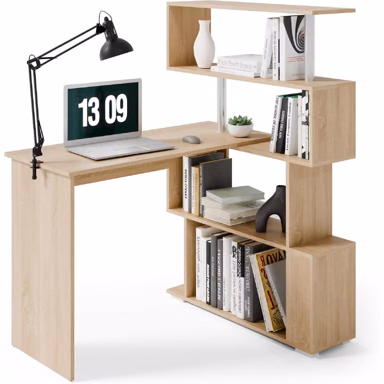 Scrivania a forma di L con libreria girevole, dimensioni 157 x 45 x 130,5 cm, finitura noce