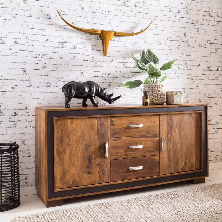 FineBuy Credenza in legno massiccio di Sheesham 160 cm 2 porte e 3 cassetti - Cassettiera solida e retrò con pelle - Credenza di design naturale - Fatto a mano Industriale