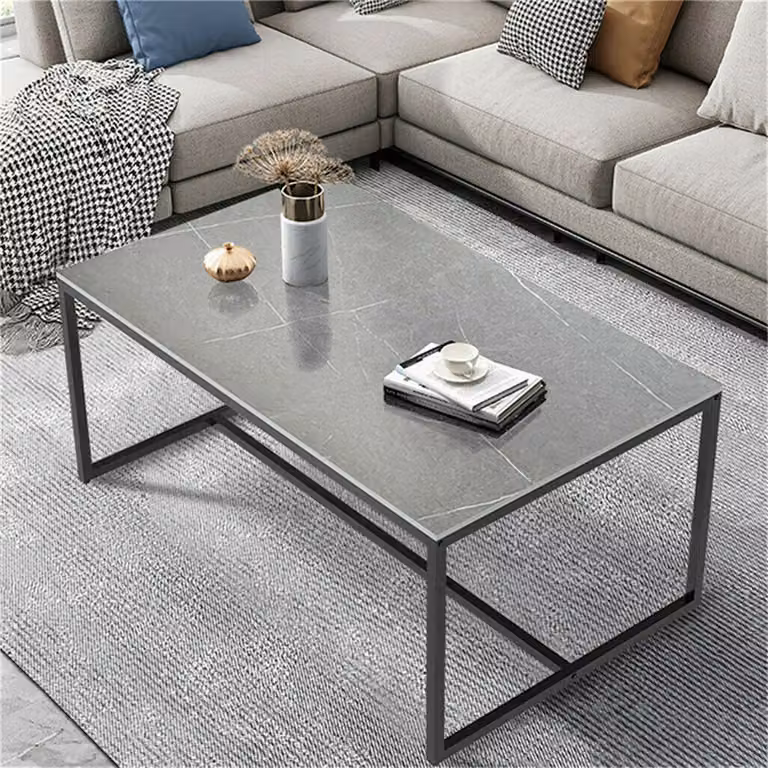 WISFOR tavolino 100x60x43cm tavolino da divano in marmo tavolino di design tavolino rettangolare con struttura in metallo, grigio