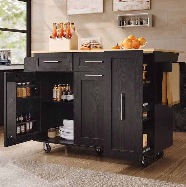 Isola cucina 110x46x90;5 cm pieghevole; in MDF e metallo; nero