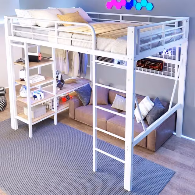 Letto a soppalco 140×200 cm 2 posti con LED regolabile, mensola, rete appendiabiti e stendibiancheria, senza materasso