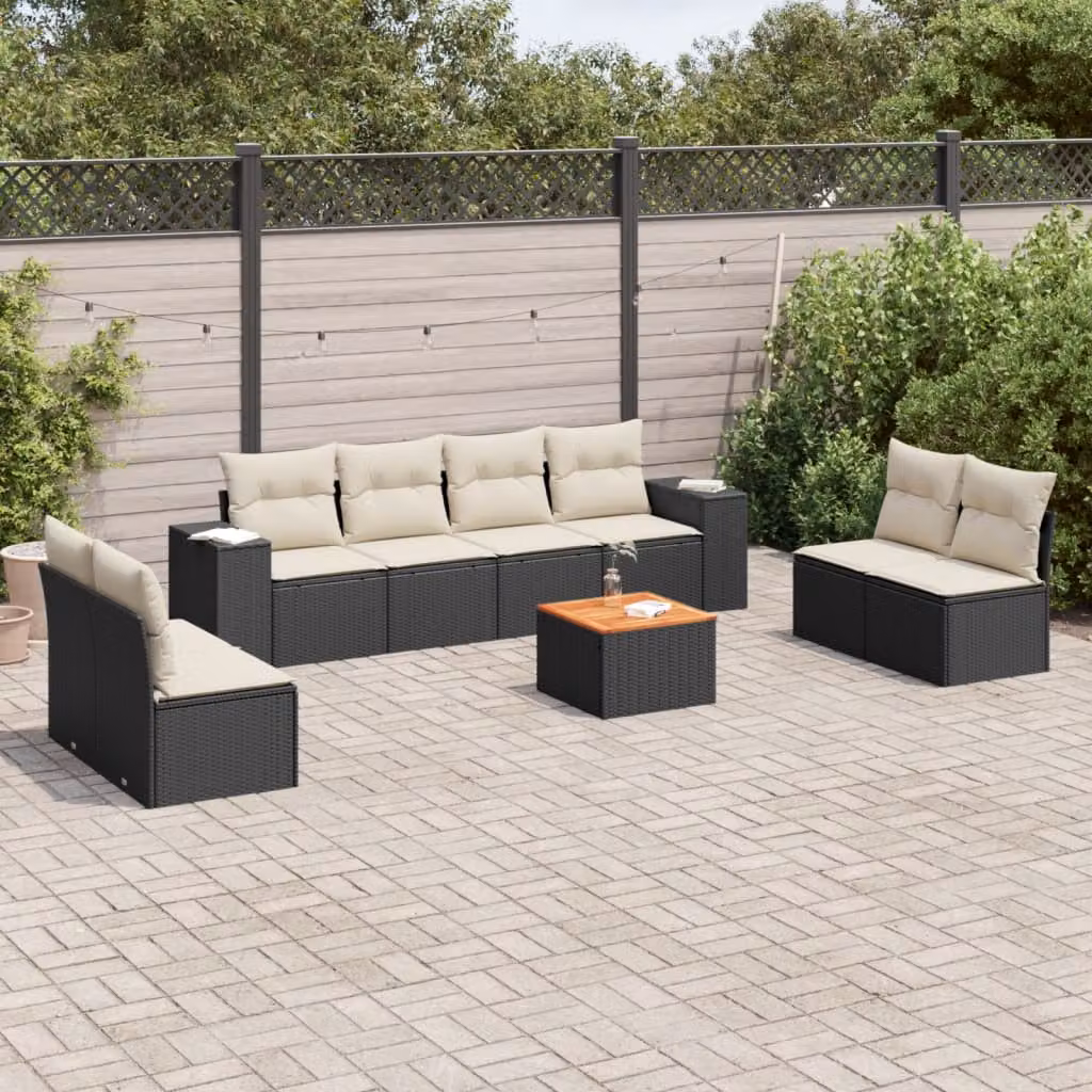 vidaXL Set Divani da Giardino 9 pz in Polyrattan con Cuscini Bianchi e Neri e Tavolino da Esterno a Forma di U – 1