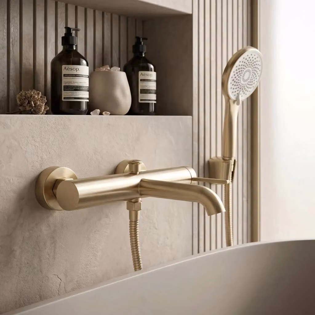 Rubinetto da vasca monocomando Rea Rivo in ottone color oro spazzolato con funzione spray – 2