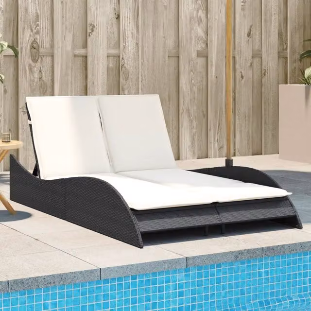 Lettino prendisole vidaXL in polyrattan con cuscini nero e bianco, L/P/H: 114 x 205 x 73 cm
