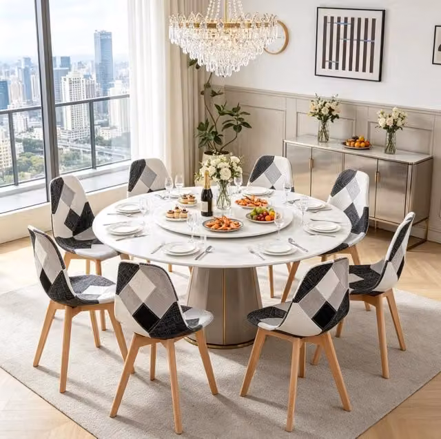 Set di 8 Sedie da Pranzo con Struttura in Legno e Rivestimento in Tessuto, Design Moderno Patchwork, 46x40x85 cm