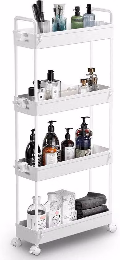 Carrello portaoggetti a 4 ripiani - Sistema estraibile - Per l'arredamento in stile britannico - Bianco - PVC
