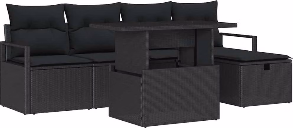 Set Divano da Giardino con cuscino 6 pcs Nero Poly Rattan