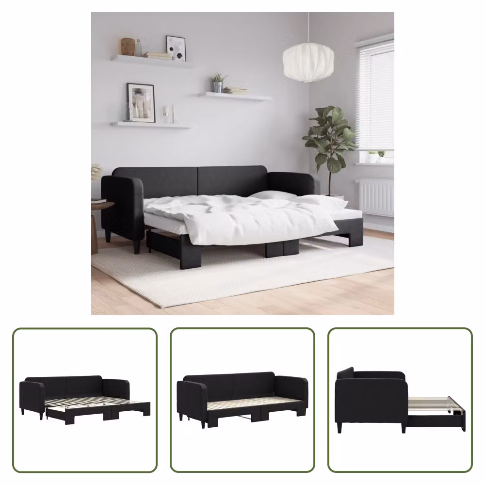 The Living Store letto da giorno allungabile nero 80x200 cm in tessuto