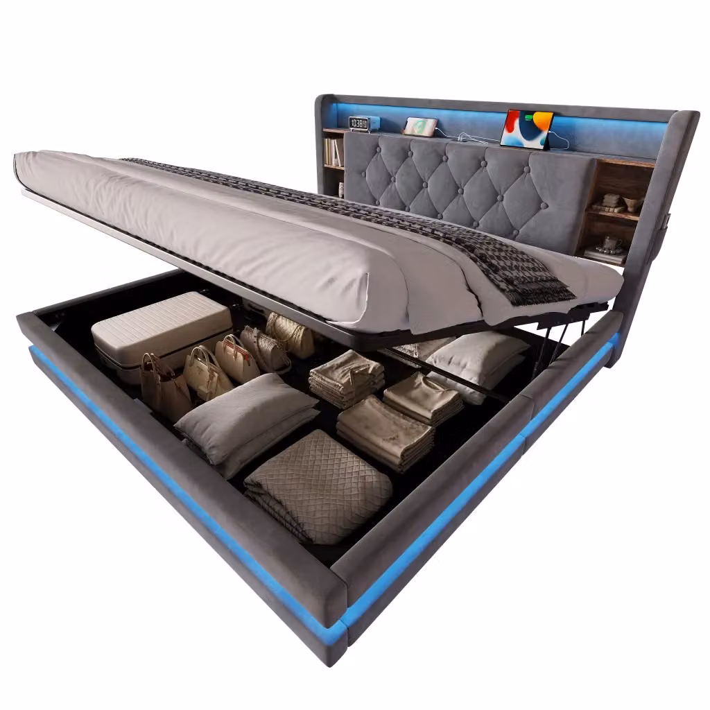 Letto contenitore matrimoniale Chicfurn in velluto grigio con testiera, illuminazione LED e porte USB e Type-C, L/P/H: 160 x 200 x 106,5 cm – 2