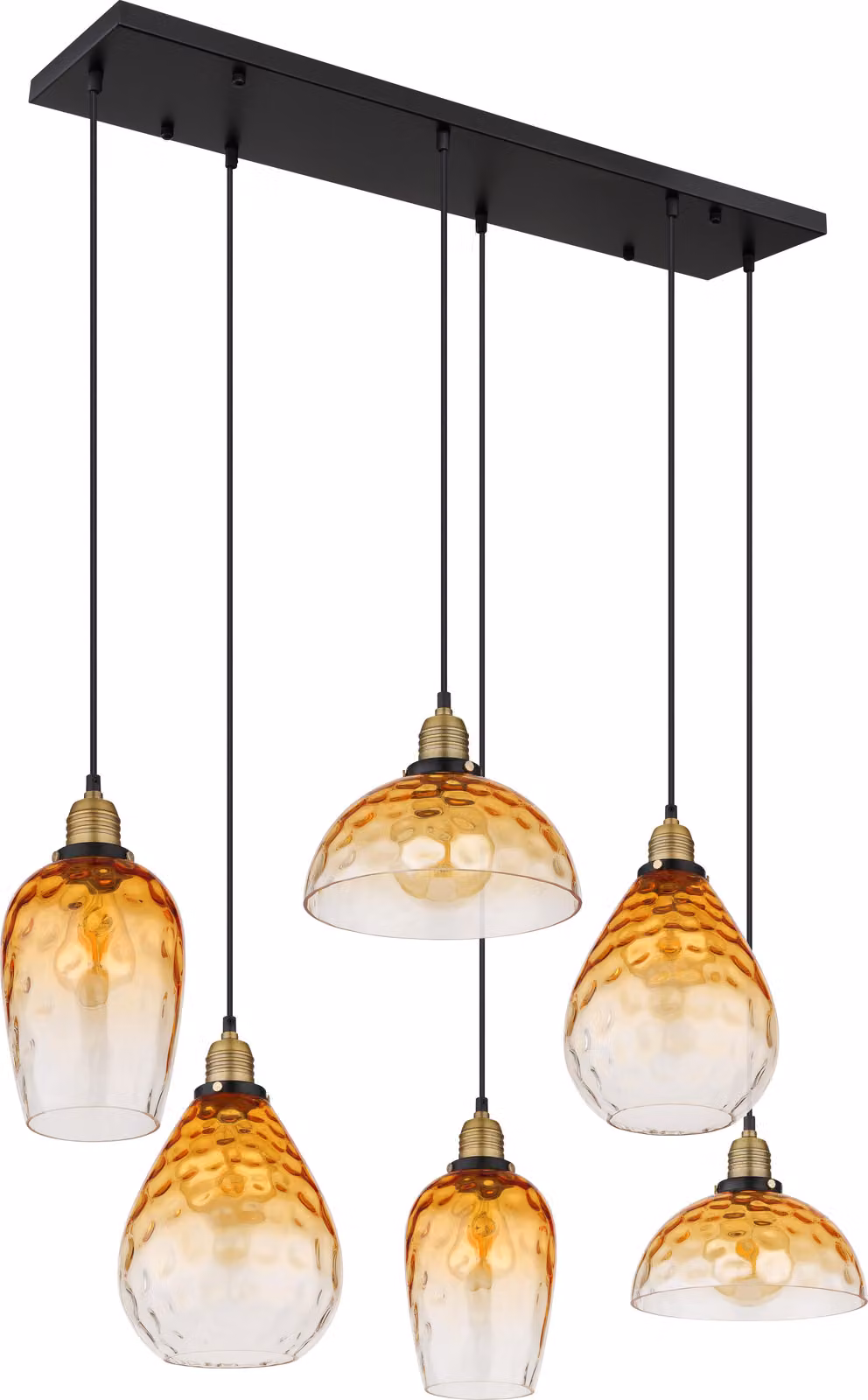 Lampada a sospensione Globo, struttura in metallo nero opaco, vetro ambrato trasparente, dettagli in metallo ottone opaco, cavo in PVC nero, altezza regolabile, dimensioni: 1000x390x1300 mm, diametro vetro: 2 pezzi da 15 cm, 21 cm e 25 cm, esclusa lampadi