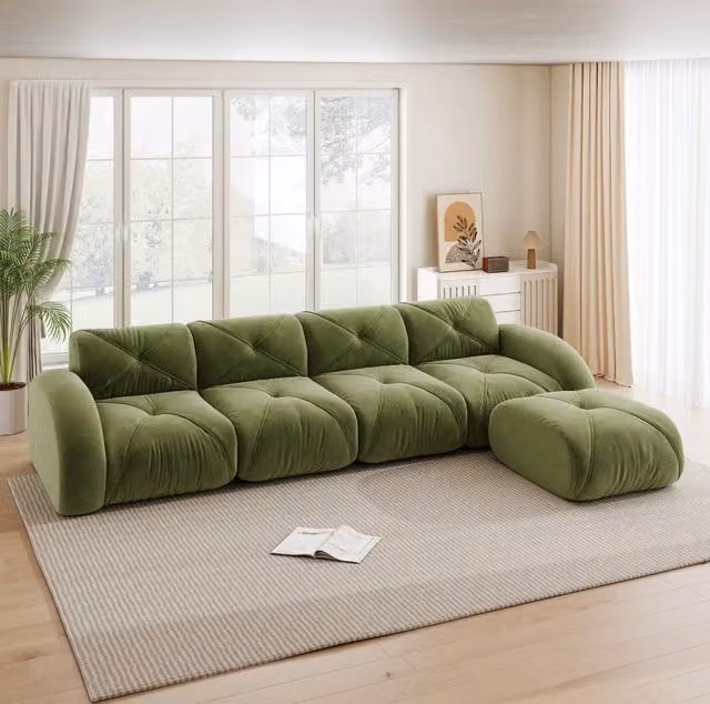 Divano modulare angolare in chenille verde 358x171x76 cm; design senza telaio