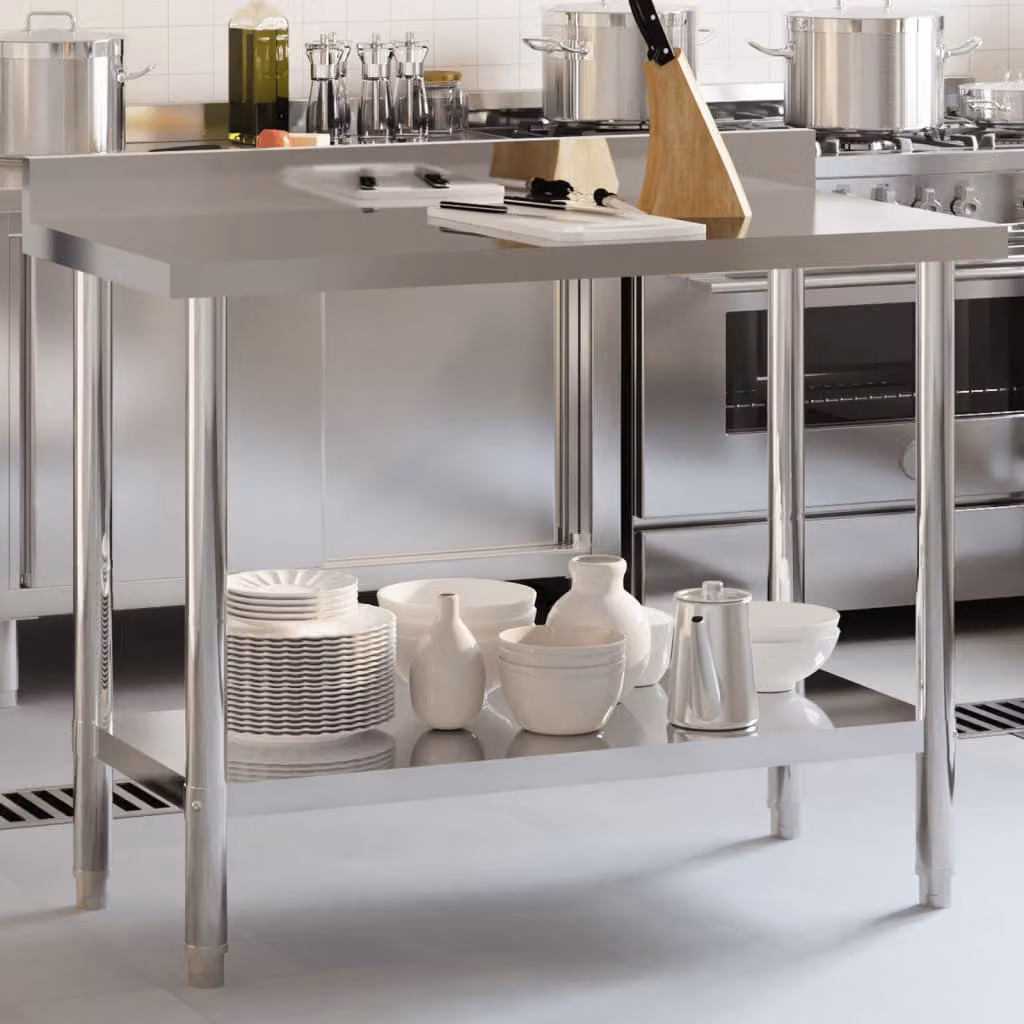 vidaXL Tavolo da lavoro per cucina in acciaio inox color argento con paraschizzi L: 110 cm, P: 55 cm, H: 93 cm