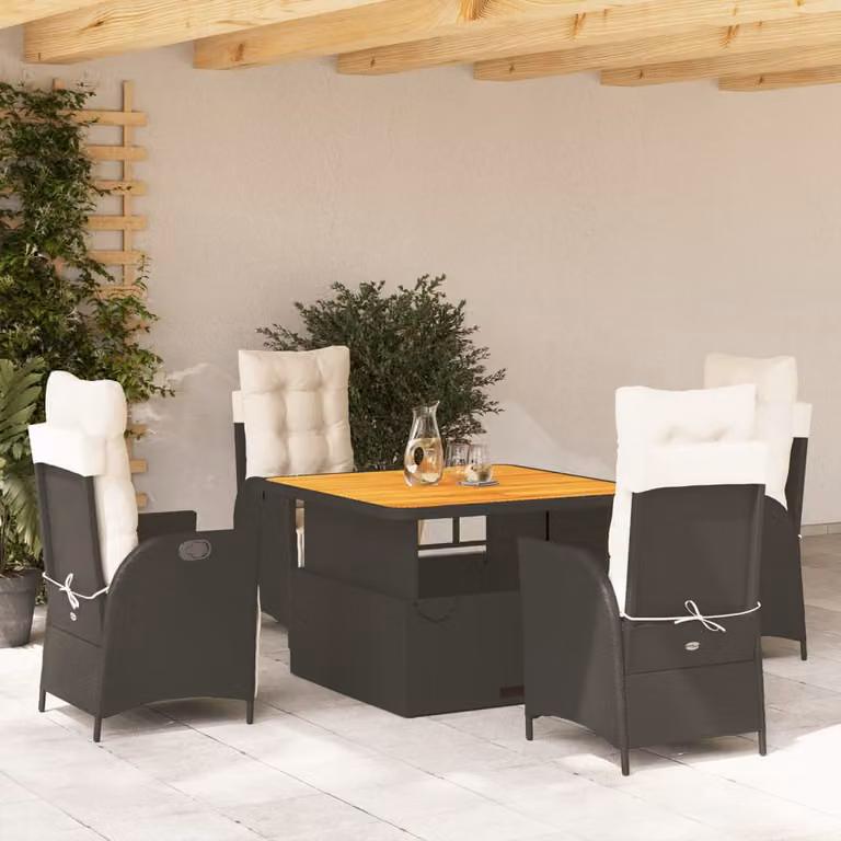 vidaXL Set da Pranzo da Giardino 5 pz in Polyrattan e Legno di Acacia Nero e Marrone con Cuscini