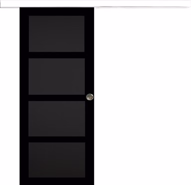 Porta scorrevole Telia nera a 4 pannelli H204 x L73 cm, binario in alluminio con fascia bianca, conchiglie Gd Menuserie