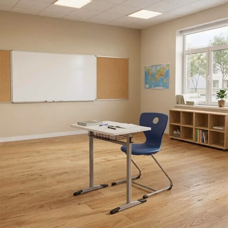 Set scolastico moderno ed ergonomico: scrivania da scuola grigia, sedia blu, scrivania singola