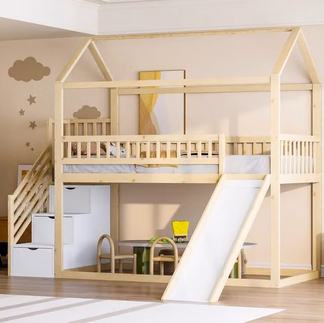 Letto a soppalco per bambini 90x200 cm con scivolo e scala contenitore; colore legno