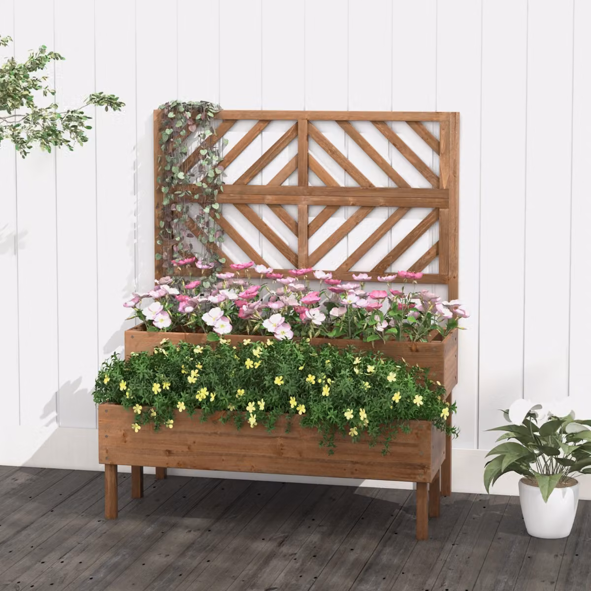 Costway Cassetta da giardino rialzata a 2 livelli con trellis e fori di drenaggio, Marrone
