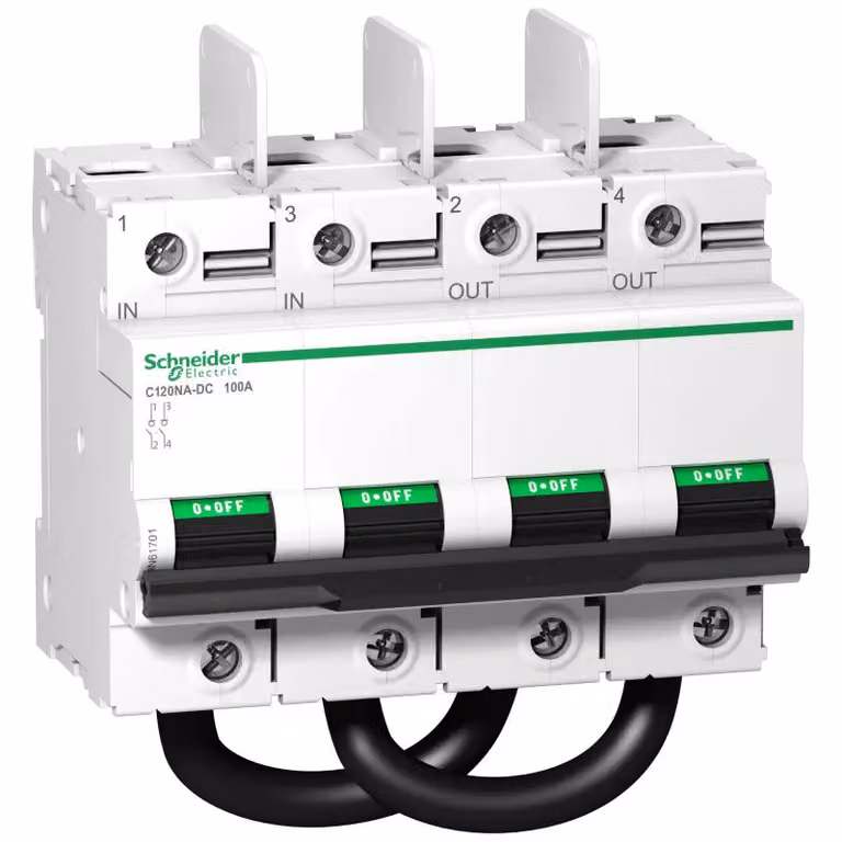 Sezionatore Schneider Electric C120NA-DC, 2 poli, 100 A, 1.000 V CC, collegamenti superiori A9N61701