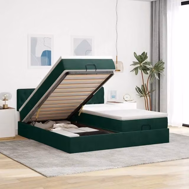 Letto con contenitore a sollevamento vidaXL in velluto verde e bianco con materasso L 180 x P 200 cm – 1