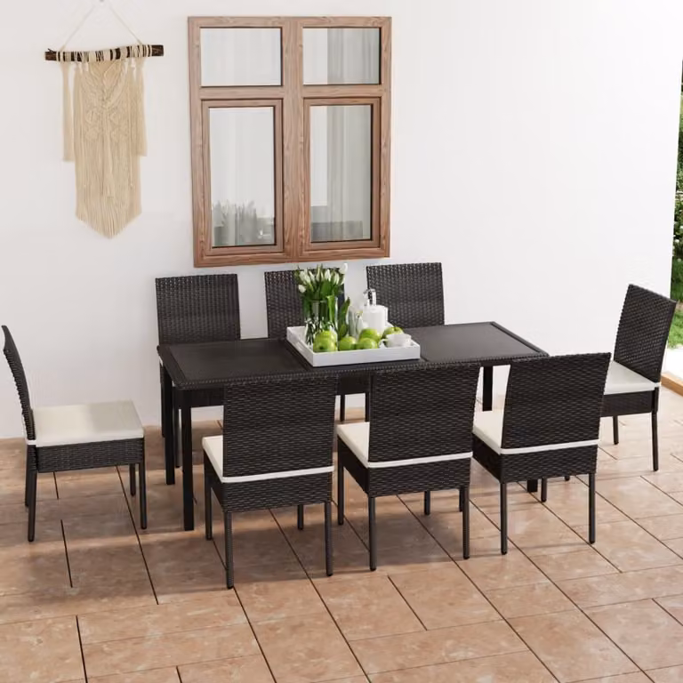 The Living Store Set da pranzo da giardino 9 pezzi in poly rattan nero