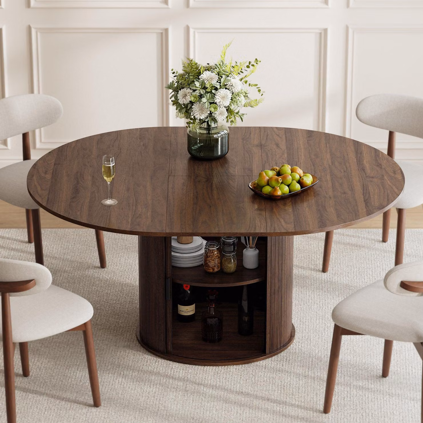 Tavolo allungabile per 6 persone in legno, con spazio contenitivo integrato, piano ribaltabile e gamba dal design moderno, finitura noce scuro