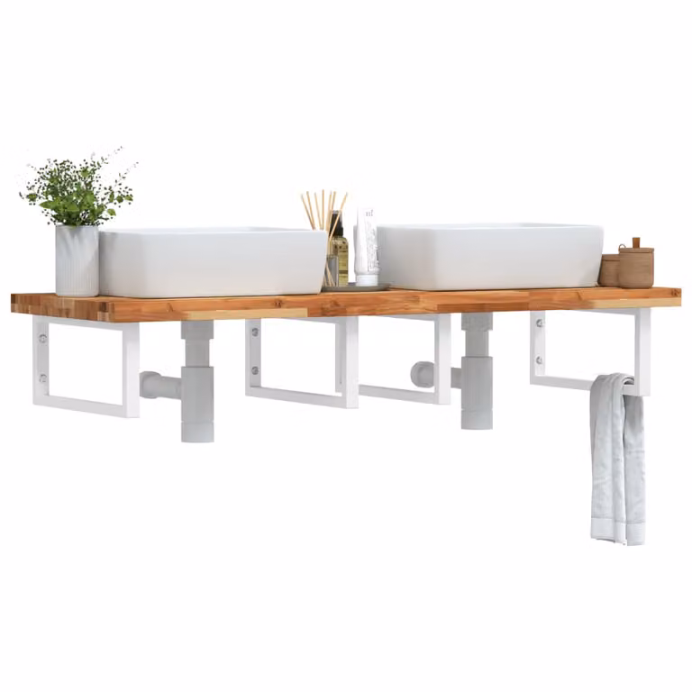 vidaXL Ripiano a Parete per Lavabo in Accacia e Metallo, Bianco e Marrone, L: 50 cm, P: 24 cm, H: 50 cm