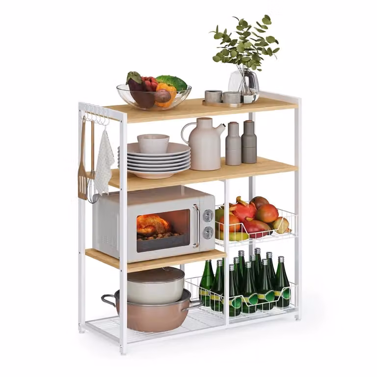 Scaffale da Cucina con Cassetti a Rete, Noce Medio + Bianco