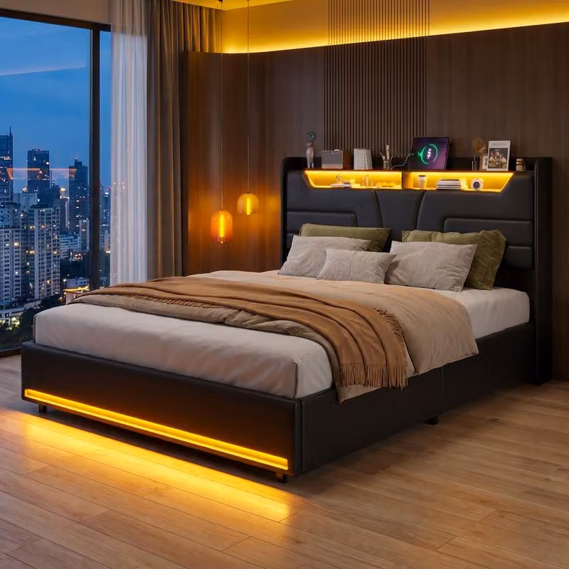 Letto imbottito ProximaX inPoliuretano160x200 cm nero con vano contenitore – Base letto idraulica con illuminazione a LED RGB e stazione di ricarica USB, moderno letto matrimoniale