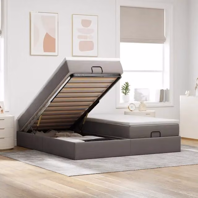 Letto con contenitore a sollevamento vidaXL in tessuto beige e grigio L/P/H: 200 x 160 x 120 cm