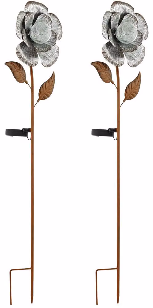2 luci solari a LED, design a forma di fiore, colore argento, altezza 75 cm
