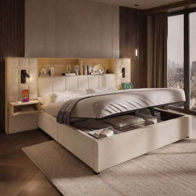 Letto matrimoniale 160 × 200 cm contenitore con rete a doghe in lino beige luci lettura USB Type-C e comodini