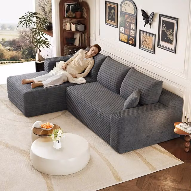 Divano angolare modulare 241x151x58 cm; divano effetto nuvola con seduta profonda; stile minimalista; velluto a coste; grigio