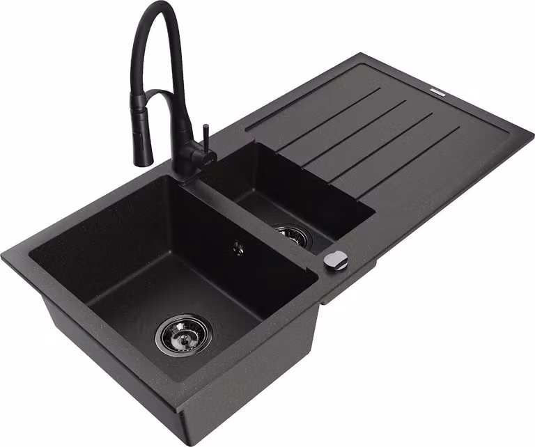 Mexen Andres lavello in granito a 1,5 vasca con scolapiatti e rubinetto cucina Aster, nero/oro metallico - 6515-75-73450-70-B