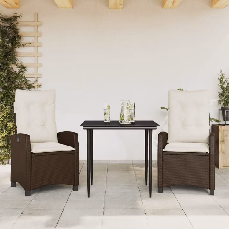 Set da Pranzo da Giardino 3pz vidaXL in Polyrattan Marrone con Cuscini e Tavolo in Vetro