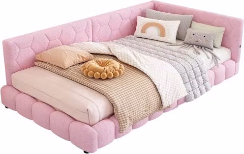 Divano letto 90x200 con doghe letto singolo rosa in pile con luci LED e porte USB