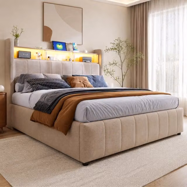Letto matrimoniale imbottito 140 × 200 cm con contenitore idraulico in tessuto di lino beige LED USB e Type-C