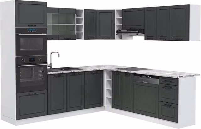 Cucina angolare completa R-Line Vicco in stile rustico, colore Antracite e Bianco, con piano in marmo, L/P/H: 247 x 237 x 60 cm – 1