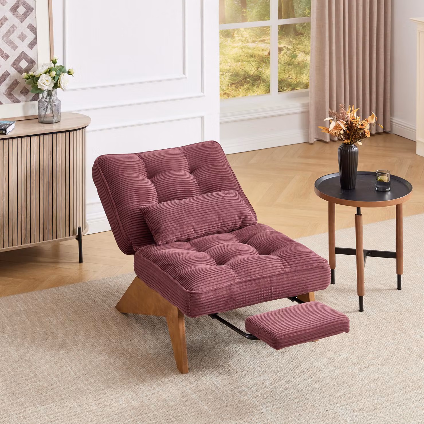 Poltrona reclinabile STILVORA con cuscino lombare, poltrona relax con poggiapiedi, sedia imbottita con gambe in legno, ideale per soggiorno, camera da letto e giardino, colore rosso vino