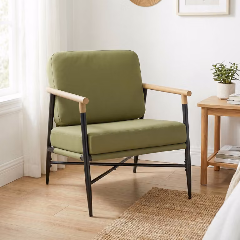 Poltrona moderna Costway con cuscini rimovibili e braccioli, sedia imbottita in tessuto verde per soggiorno, camera da letto o ufficio domestico