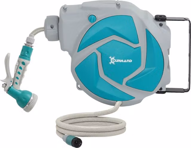 DURHAND Avvolgitubo da Parete con Riavvolgimento Automatico e Ugello a 7 Funzioni, Lunghezza 11 m, Grigio e Verde