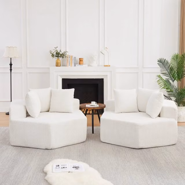 Poltrona lounge singola modulare esagonale in chenille beige