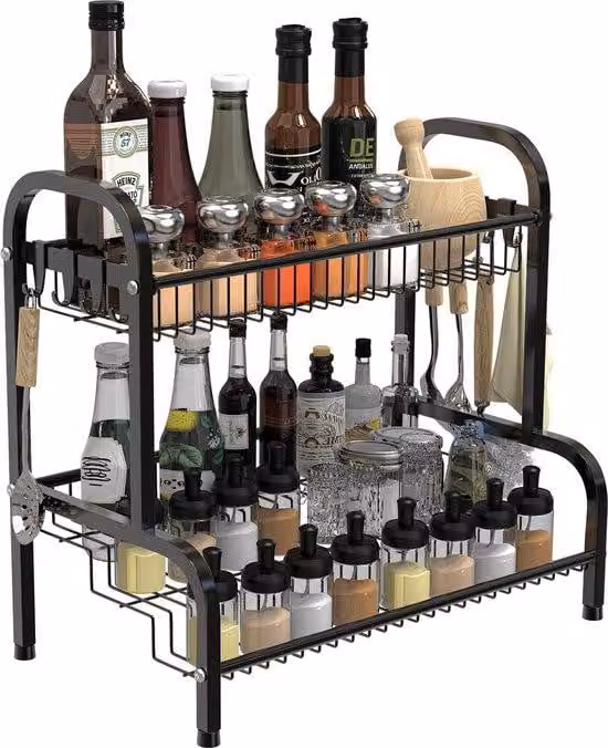Scaffale a due ripiani nero per erbe aromatiche, 42x26x41 cm, 8 ganci, organizer da cucina